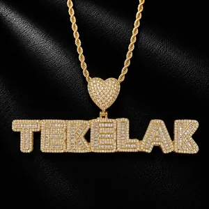 Custom gold iced out pendant necklace with TEKELAK letters and heart connector hip hop jewelry