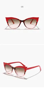 Detail view of red and leopard patchwork cat-eye sunglasses with gradient lenses