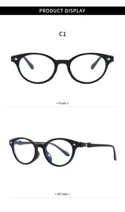 Detalle de monturas de gafas retro negras con lentes bloqueadoras de luz azul