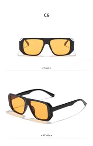 Detailansicht der Retro-Sonnenbrille mit schwarzem Rahmen und orangefarbenen Gläsern