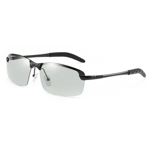 Men's photochromic polarized driving sunglasses featuring black semi-rimless frame design