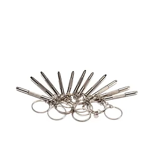 Close-up of multifunctional mini screwdrivers with keyrings for eyeglass repair tools