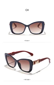 Elegant women's cat-eye sunglasses featuring blue frame and decorative red temples