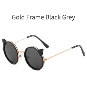 Stylish gold frame kids cat ear sunglasses with dark grey lenses for summer sunshade