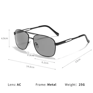Retro double bridge metal frame square sunglasses with gray AC lenses weighing only 25g