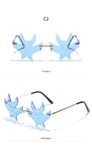Detailansichten einer blauen fledermausförmigen randlosen Sonnenbrille von vorne und der Seite
