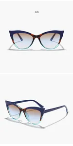 Detailed view of color-blocked cat-eye sunglasses with UV400 protection