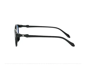 Vista lateral de gafas negras anti-luz azul con detalle de lazo e incrustación plateada