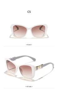 Detailed product view of white cat-eye sunglasses with gradient lenses from front and side.