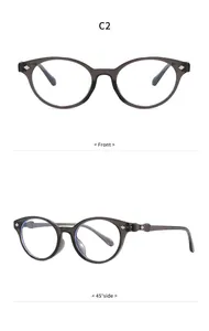 Vistas macro de gafas retro anti-luz azul con un elegante detalle de lazo lateral.