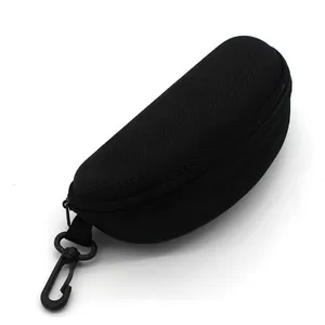 Detailed view of durable black hard shell glasses case featuring a secure zipper and clip
