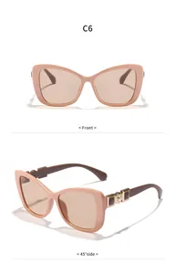 Detail views of elegant nude cat-eye sunglasses for women with gold pearl temple accents