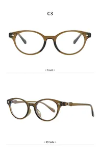 Vistas frontal y lateral de gafas retro cat-eye anti-luz azul con bisagras de lazo color ámbar