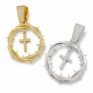 Iced out thorn wreath cross pendants in gold and silver finish for hip hop style necklaces