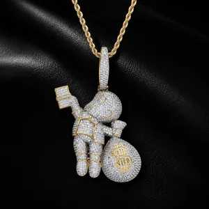Pendentif garçon hip hop glacé avec sac d'argent et signe dollar sur chaîne dorée