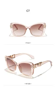 Front and side views of elegant pink cat-eye sunglasses featuring pearl temple accents