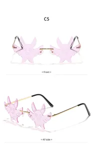 Detailansicht der rosafarbenen randlosen Sonnenbrille in Fledermausform von vorne