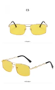 Detailansicht der rechteckigen Metall-Sonnenbrille mit gelben Gläsern und Doppelsteg.