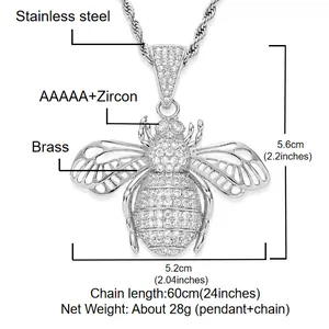 Detailed size view of iced out bee pendant with AAA zircon stones and hollow wings