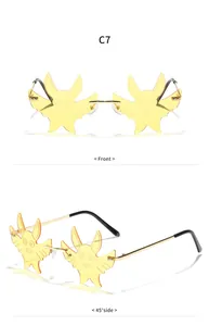 Detailansichten der gelben fledermausförmigen randlosen Sonnenbrille aus verschiedenen Perspektiven