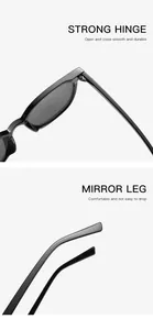 Close-up of durable hinge and comfortable mirror leg of black sunglasses