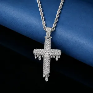 Hip Hop Water Drop Cross Pendant Necklace For Men Iced Out Zirconia Copper Cross Necklace With Stainless Steel Rope Chain