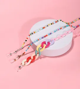 Collection of candy colored eyewear chains featuring acrylic links and colorful beads.