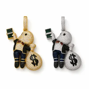 Pendentifs hip-hop garçon chauve avec sacs d'argent, bijoux en zircone pour hommes