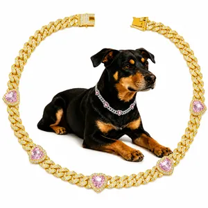 Close-up detail of a 10mm hip-hop pet collar with pink heart gems and rhinestones.