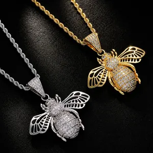 Hip Hop Mens Copper Zirconia Bee Pendant Necklace Cutout Wings Gold Silver Plated Fashion Jewelry Gift