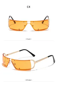 Futuristische Y2K oranje zonnebril met gouden montuur, voor- en zijaanzicht details.
