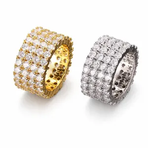 Bague homme style hip-hop en cuivre avec quatre rangées de zircones étincelants