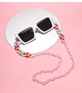 White square frame sunglasses featuring a colorful candy-colored acrylic anti-lost chain