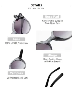 Detailed macro shots of children's glitter sunglasses showing UV400 lens and hinges.