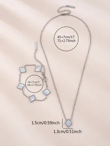 Detailed measurement view of square white shell pendant necklace and bracelet set