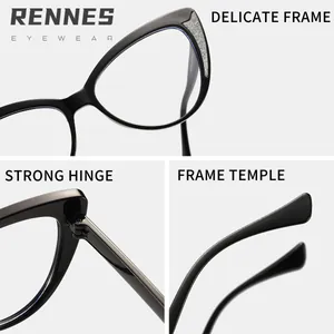 Elegant black cat-eye anti-blue light glasses showing frame, hinge and temple details