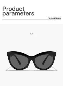 Détail de vue de face des lunettes de soleil œil de chat vintage noires pour femmes, fond blanc