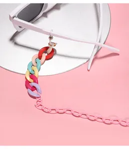 Macro detail of colorful acrylic glasses chain with vibrant multi-color links and attachment.