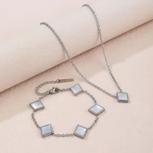 Detail of silver-tone titanium necklace and bracelet set with square white shell inlays.