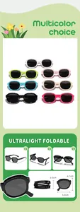 Detail showing foldable children's sunglasses in multiple colors and dimensions