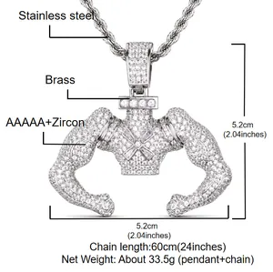 Collana con ciondolo uomo muscoloso hip-hop con pietre di zircone AAAAA finitura argento