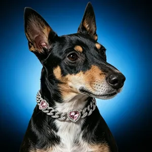 Detailed view of luxury iced out Cuban chain pet collar with pink heart charms on a dog