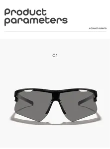 Vista frontal de gafas de sol deportivas sin montura con lentes gris oscuro para exterior