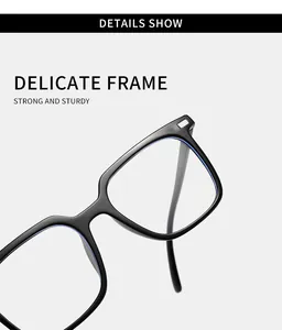 Close-up detail of a delicate black square eyeglass frame for anti-blue light use.