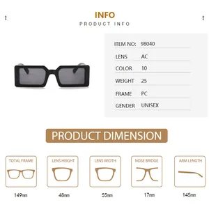Vista tecnica dettagliata che mostra dimensioni e materiali per occhiali da sole rettangolari