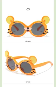 Vues de face et de côté de lunettes de soleil tigre orange pour enfants avec verres foncés.