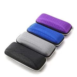 Fashion PU Leather Square Eyewear Case Zipper Portable Strap Honeycomb Pattern Glasses Storage Box Protective Hard Bag