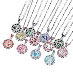 Collar con Colgante de Zodiaco Chino de Acero Inoxidable para Hombre Mujer Diamantes de Imitación Hiphop Joyería de Moda