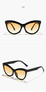 Vue détaillée de lunettes de soleil œil-de-chat noires élégantes avec verres dégradés.