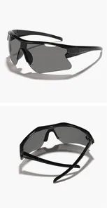 Vistas detalladas de gafas de sol deportivas negras sin montura para ciclismo al aire libre.